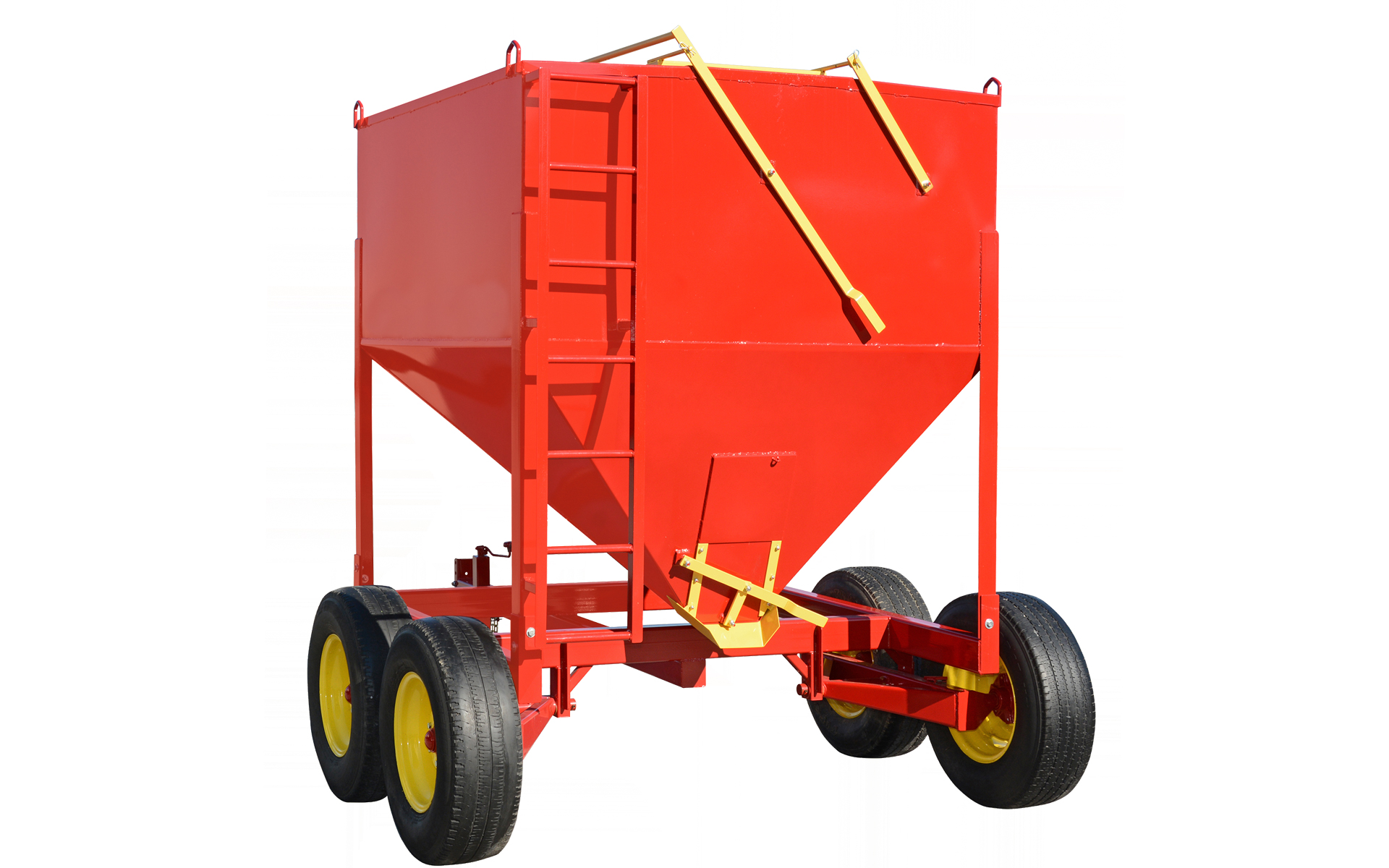 exterior of a red 3 ton grain bin for sale